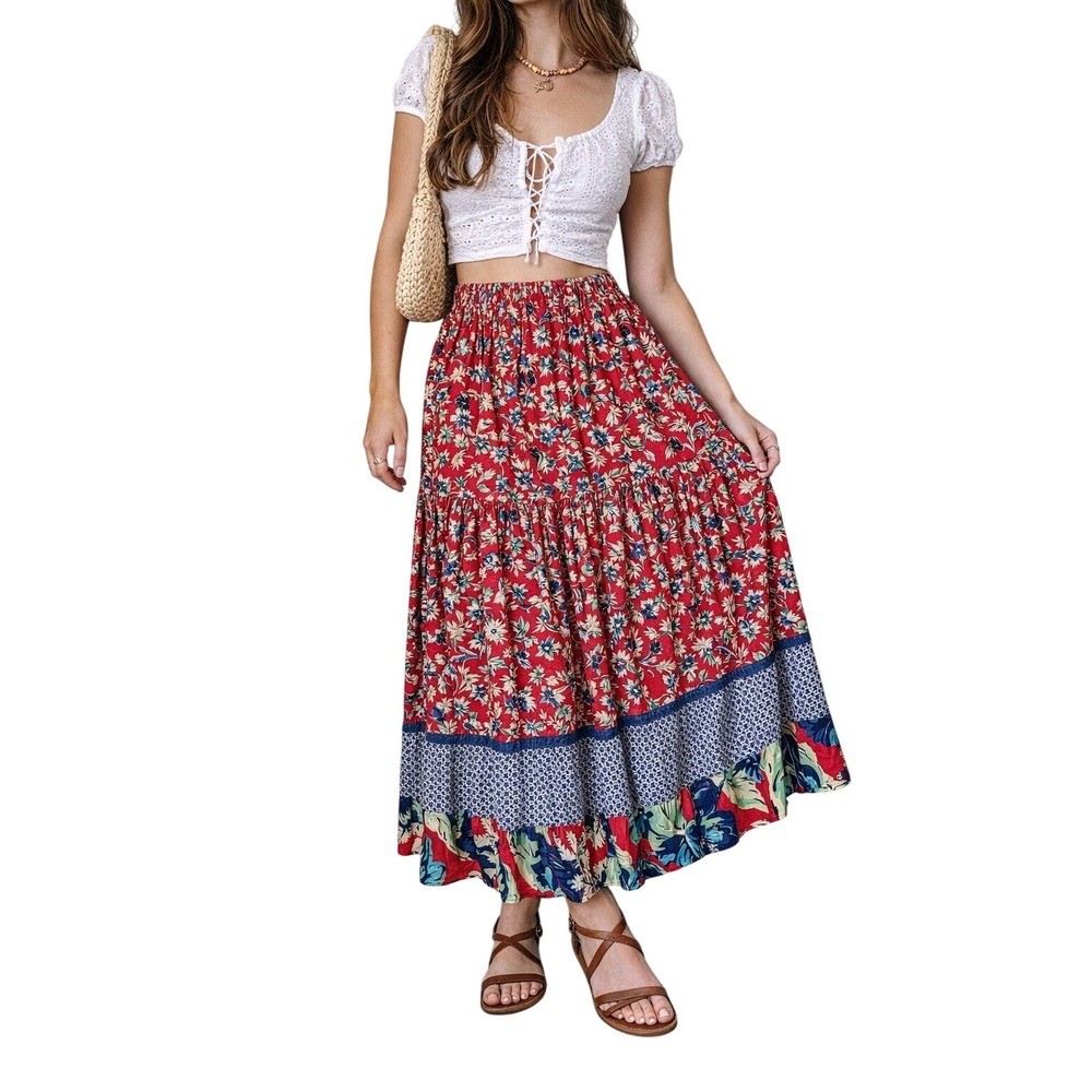 LUCIA LUKKEN Broomskirt Floral Boho Tiered Maxi Red Size M